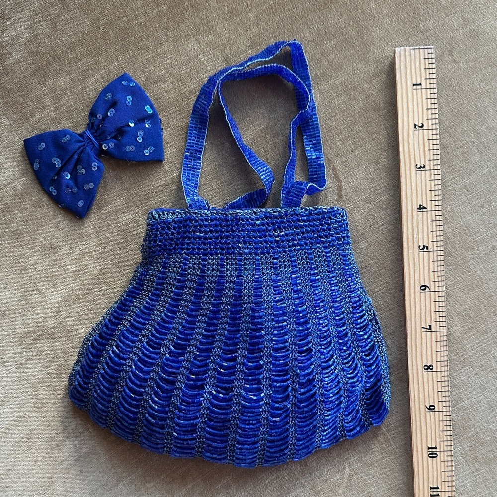 Vintage glass Beaded Opera purse Royal blue Lined and bow embellished